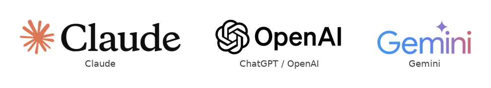 Claude、ChatGPT（OpenAI）、Gemini 三家模型的官方标志并排。
